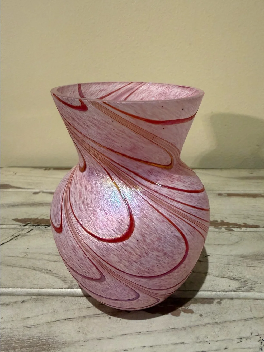 Vintage Art Glass Swirl Vase Pink White Iridescent Art Deco Studio Glass